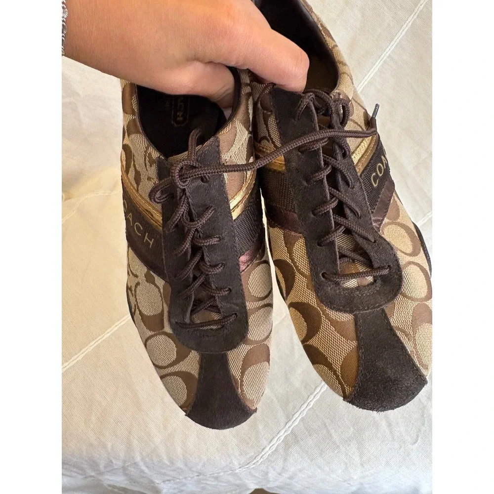 Coach Jayme Signature Jacquard Khaki Brown Gold Sneakers Q582 Womens 7.5M